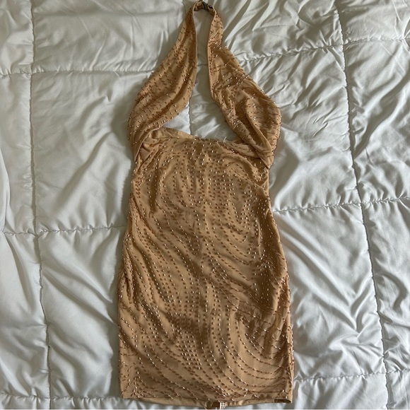 OhPolly Embellished Twist Neck Mini Dress in Sand - Picture 2 of 4